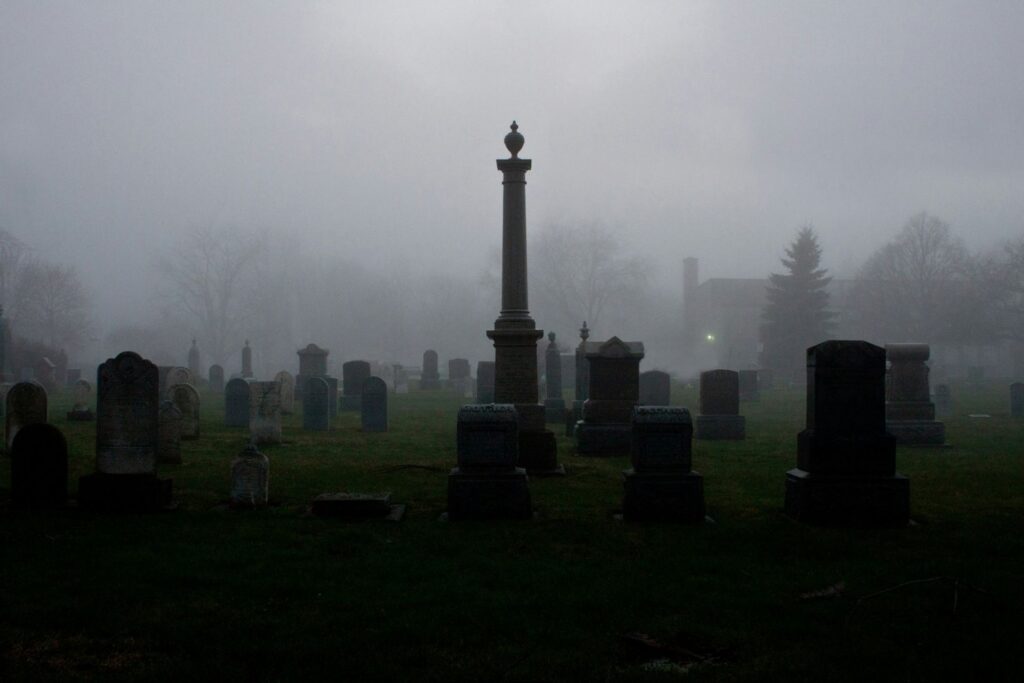 Fog over a quiet cemetery